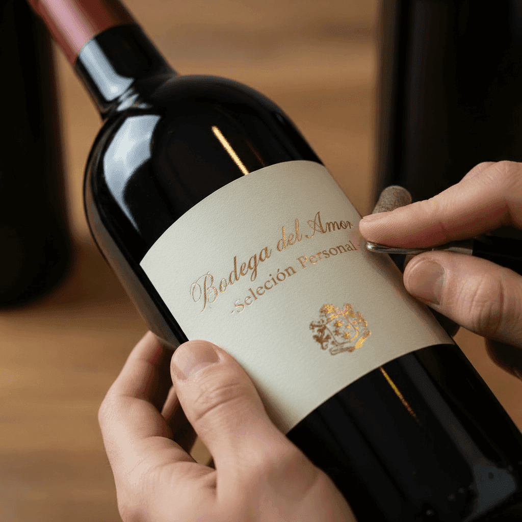 Primer plano de una botella de vino personalizada.