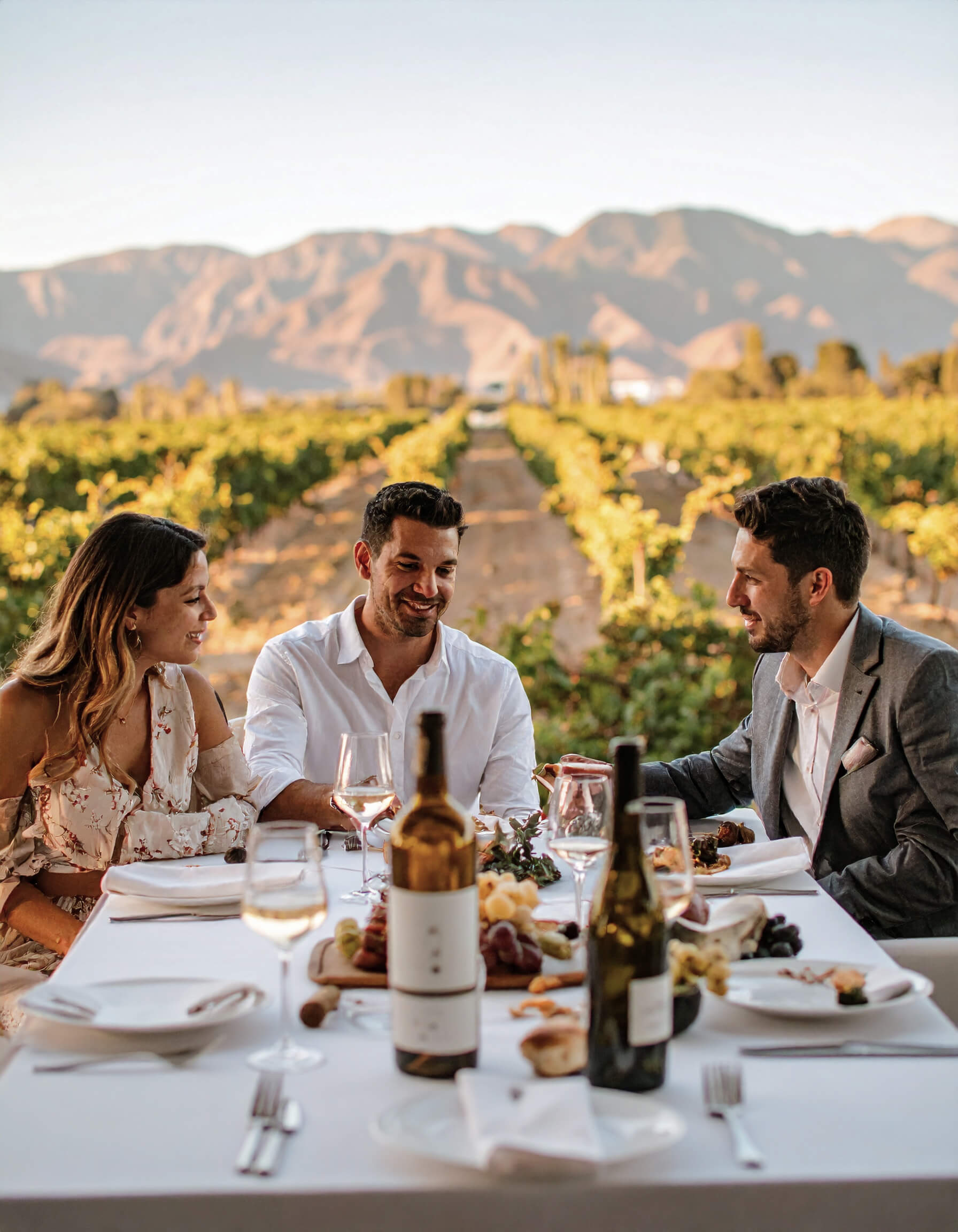 Familia cenando al aire libre con los Andes de fondo