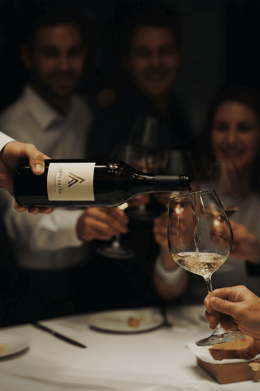 Vino blanco siendo servido desde una botella con marca
