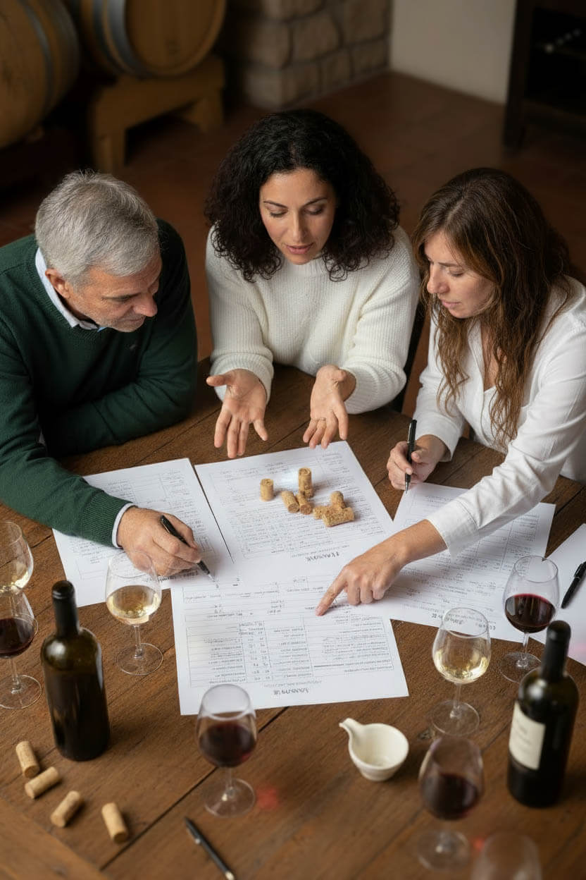 Tres personas sentadas alrededor de una mesa discutiendo opciones de vino.