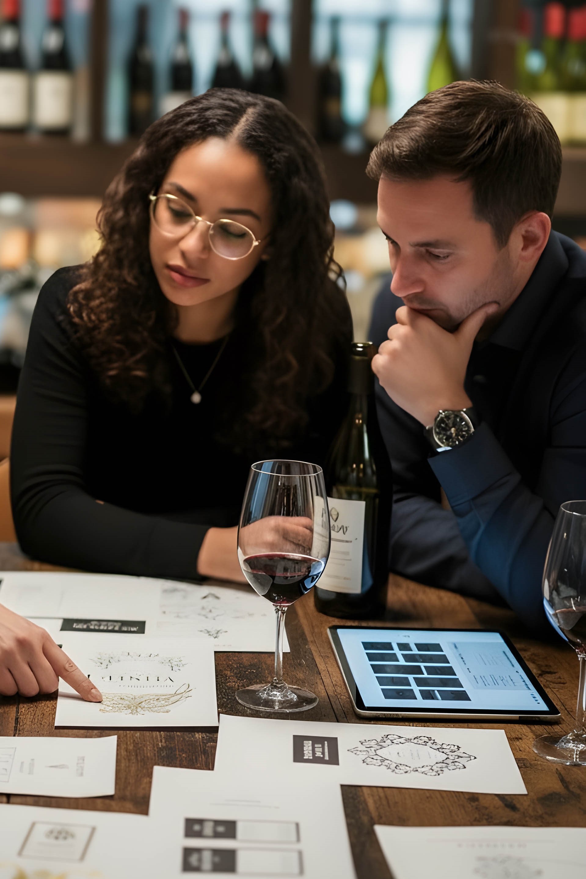 Pareja considerando diferentes opciones de etiquetas y diseño de vino.